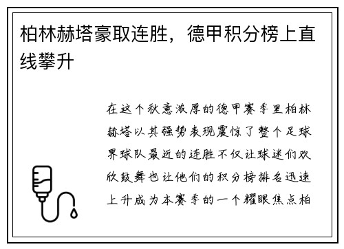 柏林赫塔豪取连胜，德甲积分榜上直线攀升