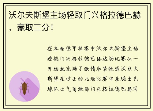 沃尔夫斯堡主场轻取门兴格拉德巴赫，豪取三分！